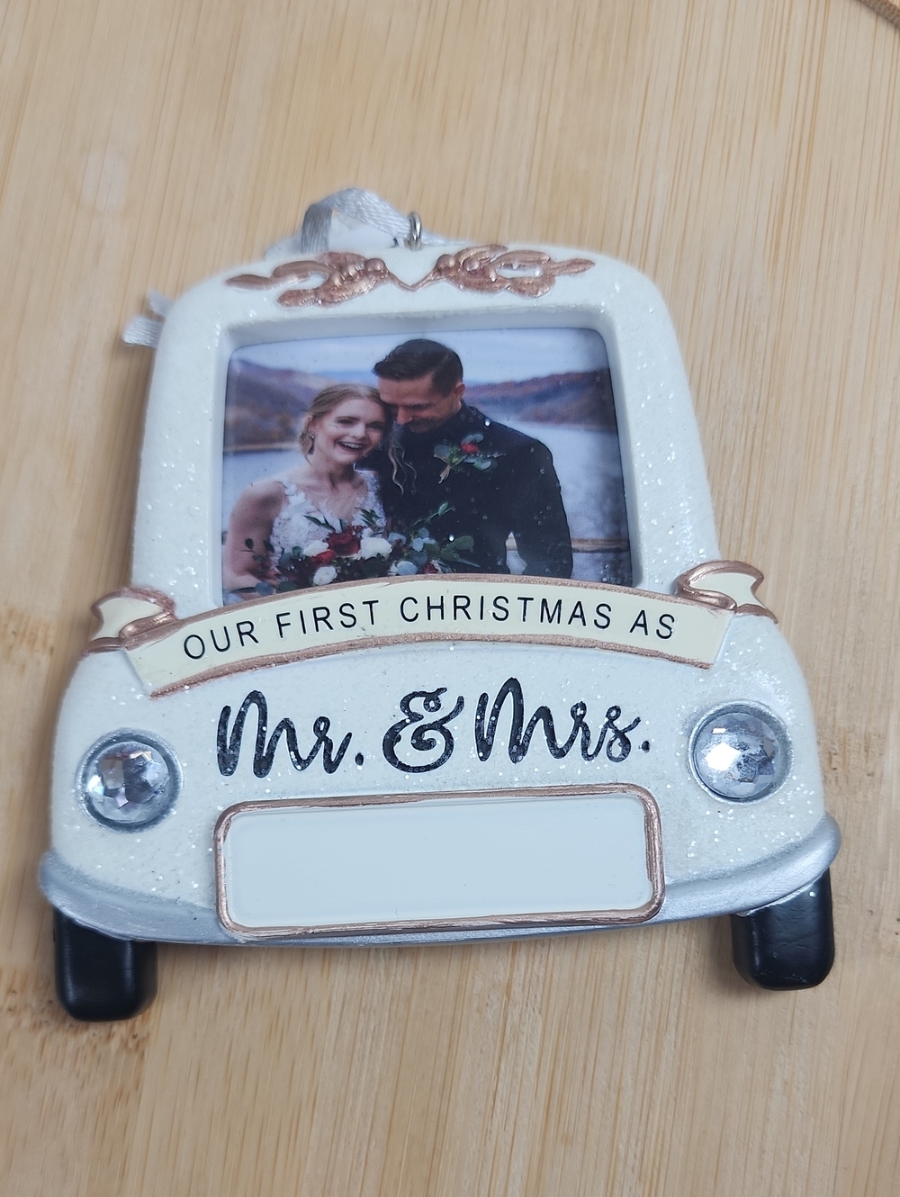 Mr. & Mrs. First Christmas Photo Ornament - White